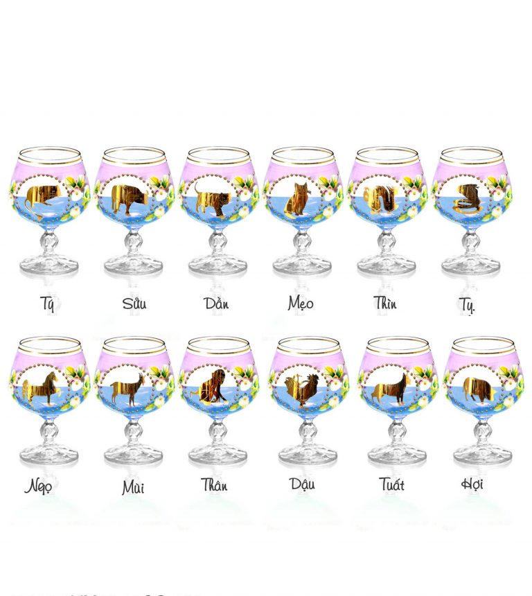 BỘ 12 LY UỐNG RƯỢU BRANDY, MÀU HỒNG, HỌA TIẾT 12 CON GIÁP